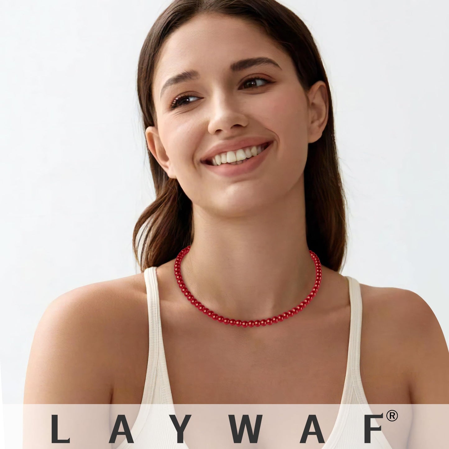 LAYWAF Red Imitation Pearl Carnelian Necklace for Women, Fake Pearl Choker Necklace, 6MM Beaded Necklace, Simple Faux Pearl Costume Jewelry for Mom Wedding Bride Bridal