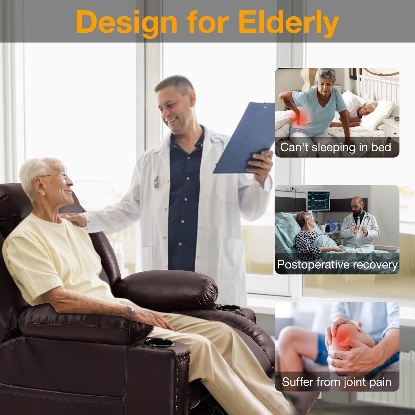 Triple Motor Large Power Lift Recliner Chair for Elderly with Heat and Massage, Lay Flat Lift Chairs for Seniors Infinite Position, Extended Footrest, USB Ports (Triple Motor-7523, Dark Brown)