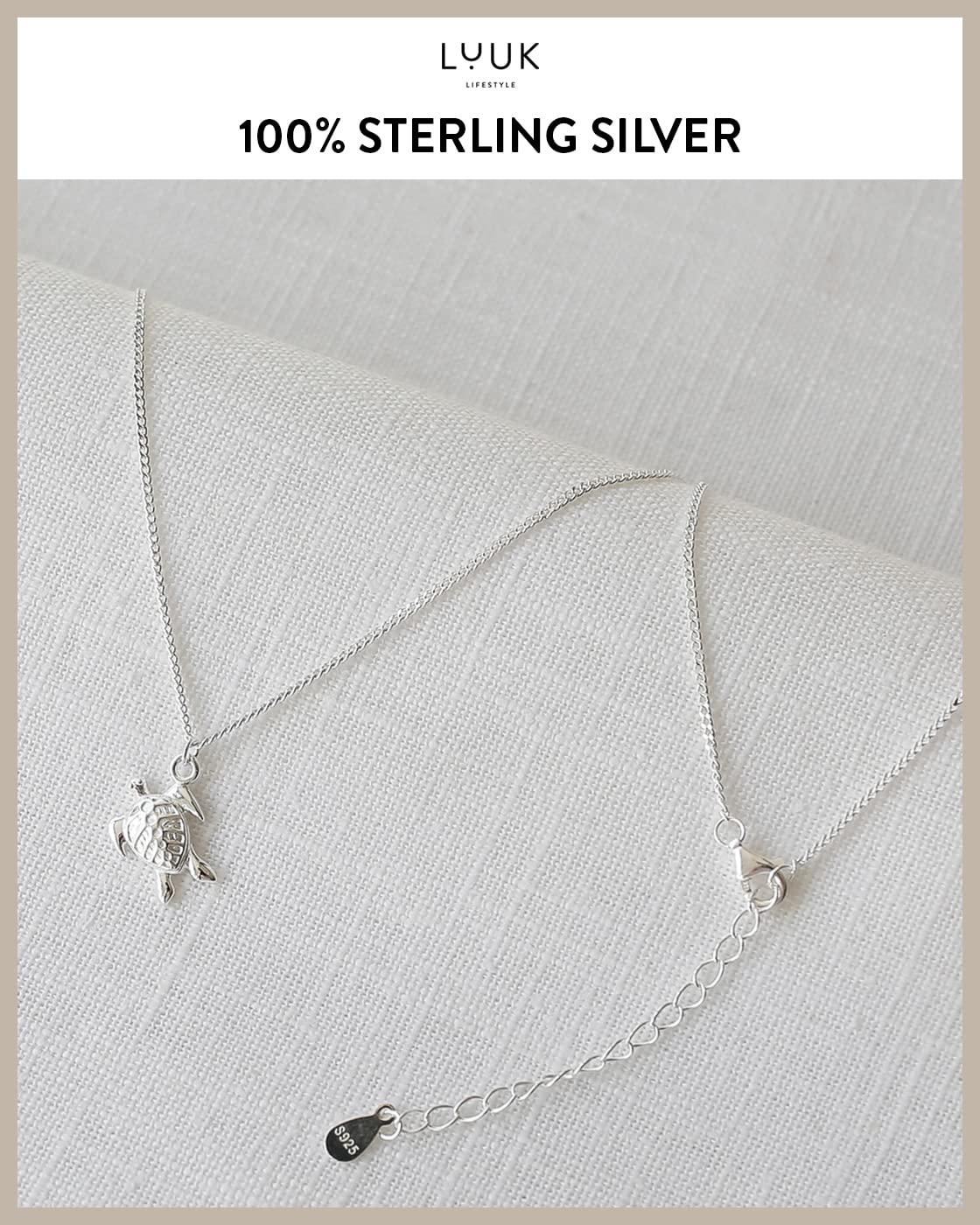 LUUK LIFESTYLE Necklace in 925 sterling silver with turtle pendant, HAPPINESS gift card, travel lucky charm, 19” adjustable length, women's festival jewelry, fashion accessory, marine motif, silver