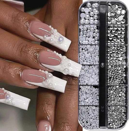 12Grids 3D Mixed White Pearls Nail Charms 0.15-0.5mm Semicircle Pearl Beads Nails Art Decorations White Nail Pearls for DIY Tool Nail Studs Accessories Pearl Nail Charms Mini Small Nail Beads (White)