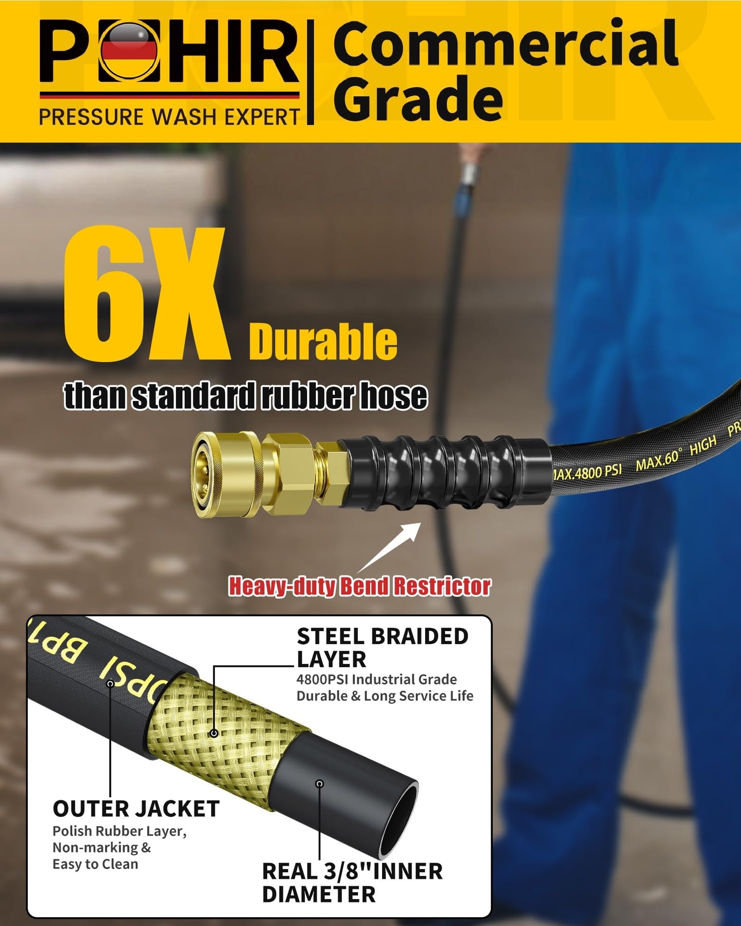 3/8" 200FT Pressure Washer Hose 4800PSI, Power Washer Hose Steel Wire Braided with Swivel Quick Connect, Commercial Grade Industrial High Pressure Water Washing Hose (4800PSI, 200FT)