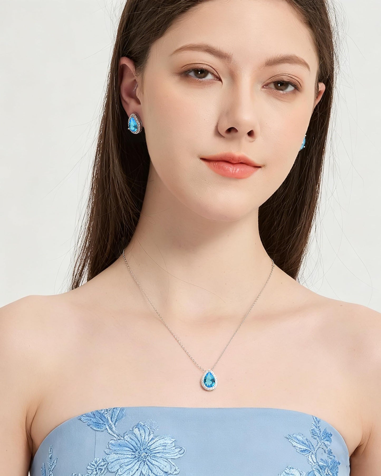 UDYLGOON Teardrop CZ Bridal Jewelry Set Imitation Diamond Earrings Necklace Bracelet for Bride Bridesmaids Wedding Prom Party (Drop-Sky Blue)