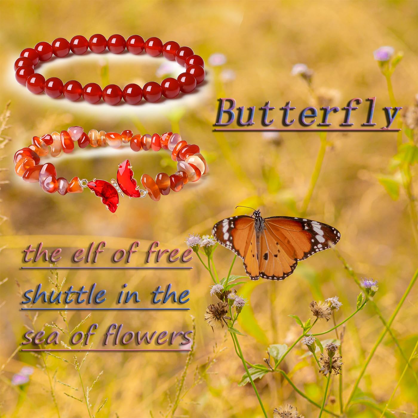 DUQGUHO 2Pcs Red Carnelian Bracelet for Women Butterfly Bracelet Gift for Women Healing Crystal Bracelet Natural Red Agate Jewelry 8mm Red Crystal Beaded Bracelet Gift for Birthday