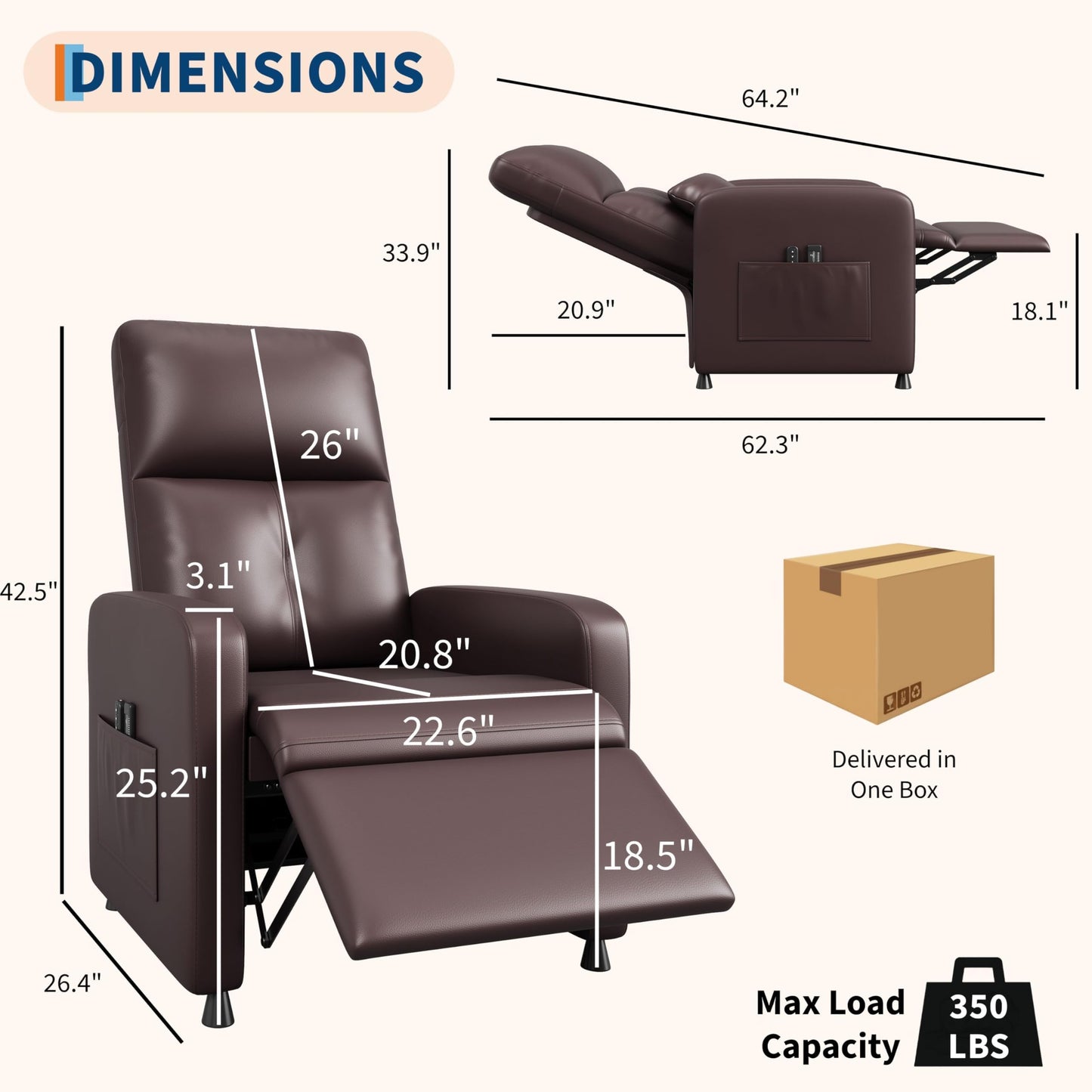 Electric Power Recliner Chair with Heat & Massage, Tall Back PU Leather Sofa, Ergonomic Padded Seat, Lumbar Support, 2 Side Pockets, USB, 370 lbs—Heated Recliner for Living Room
