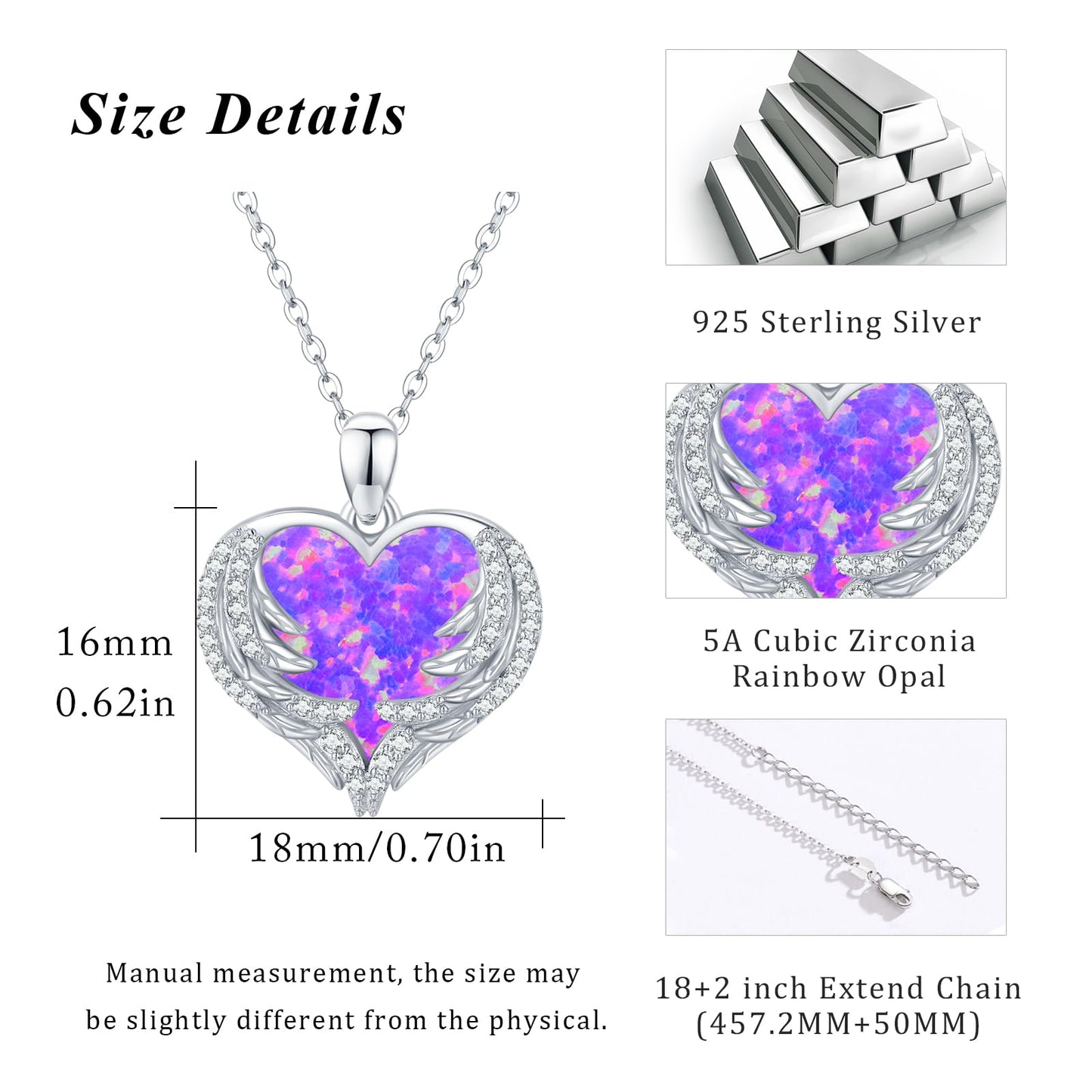 CUOKA MIRACLE Heart Necklace Angel Wing Heart Opal Necklace 925 Sterling Silver Women Necklace Guardian Angel Wings Pendant Necklace Dainty Opal Jewelry Birthday Gifts for Mom Women (Violet Opal Wings)