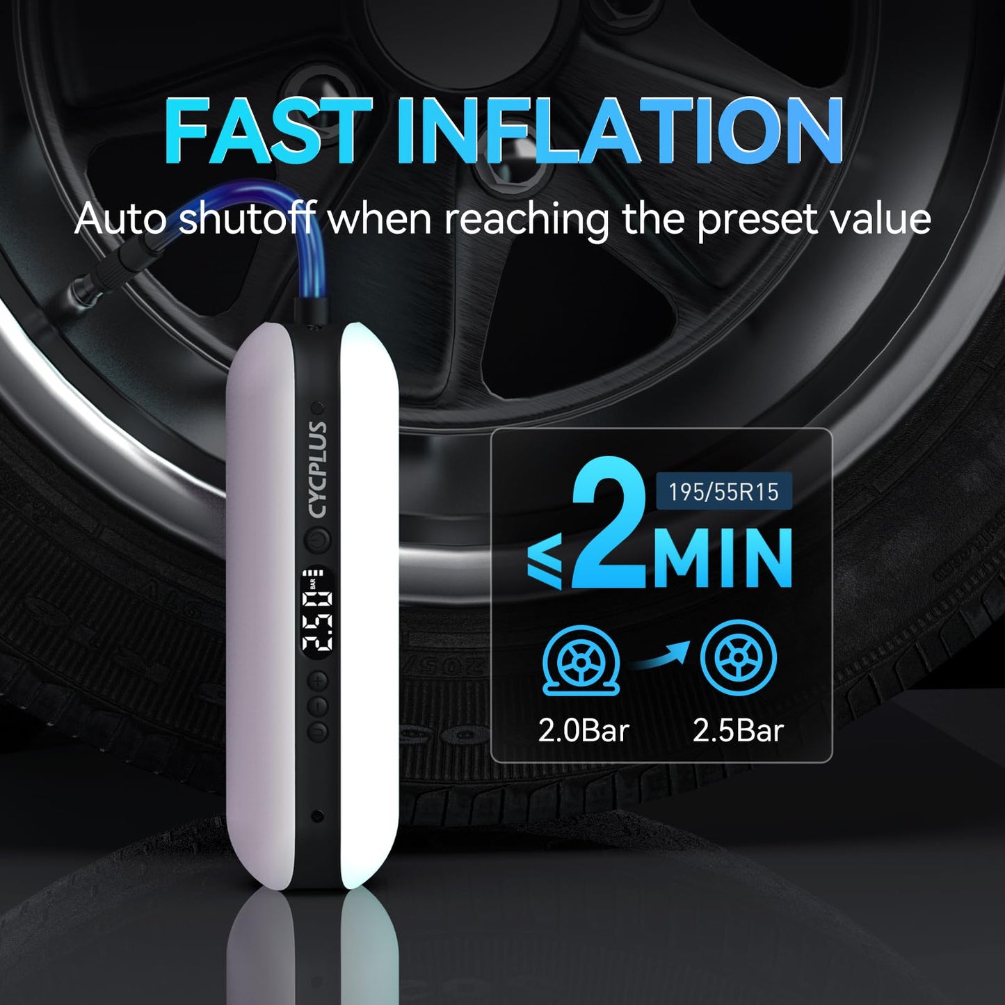 CYCPLUS Electric Air Compressor Portable Bicycle Pump Car Tire Inflator, Max 150 PSI, Auto Shut-Off Air Pump with Presta and Schrader Valves for All Bicycles Motorcycles and Cars