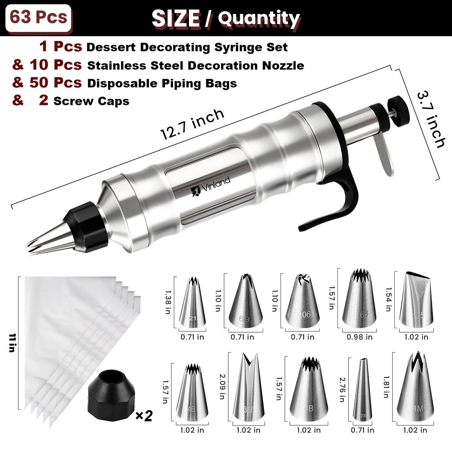 Dessert Decorating Syringe Set Icing Piping Kit Frosting Piping Kit Stainless Steels Cake Decorating Kit with 10 food grade stainless steel piping tips & 50 Disposable Piping Bags Black