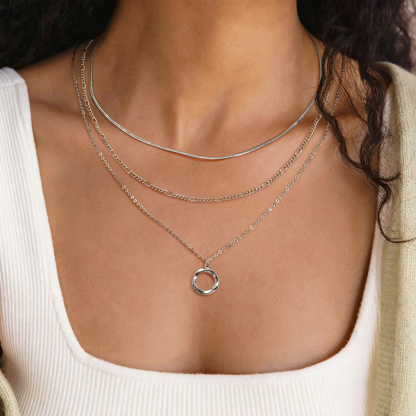 LANE WOODS 3-Piece Layered Gold Necklace Set for Women, 14k Gold Plated Dainty Circle Pendant Choker Stackable Jewelry, Adjustable Trendy Necklaces Gift for Wife Mom