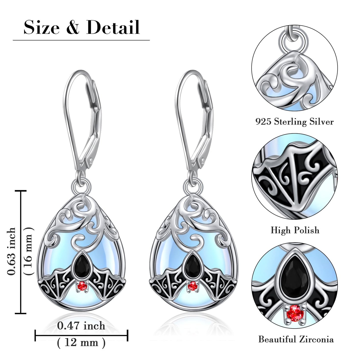 SHAOAN 925 Sterling Silver Bat Moonstone Dangle Drop Earrings for Women Leverback Animal Earrings Jewelry Gift for Halloween Birthday Christmas