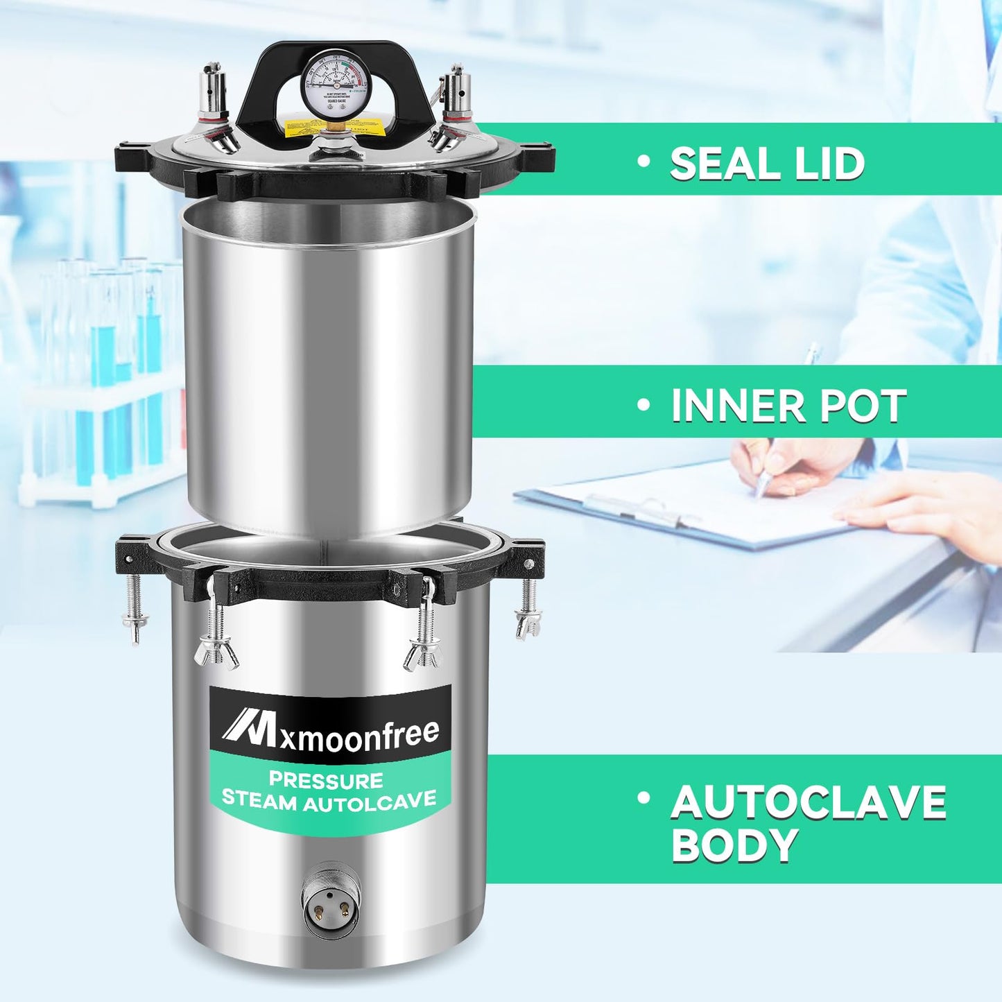 Mxmoonfree 12L Lab Autoclave, Portable Steam Autoclave for Lab Equipment, Culture Medium, Glassware, Jar Canning 110v