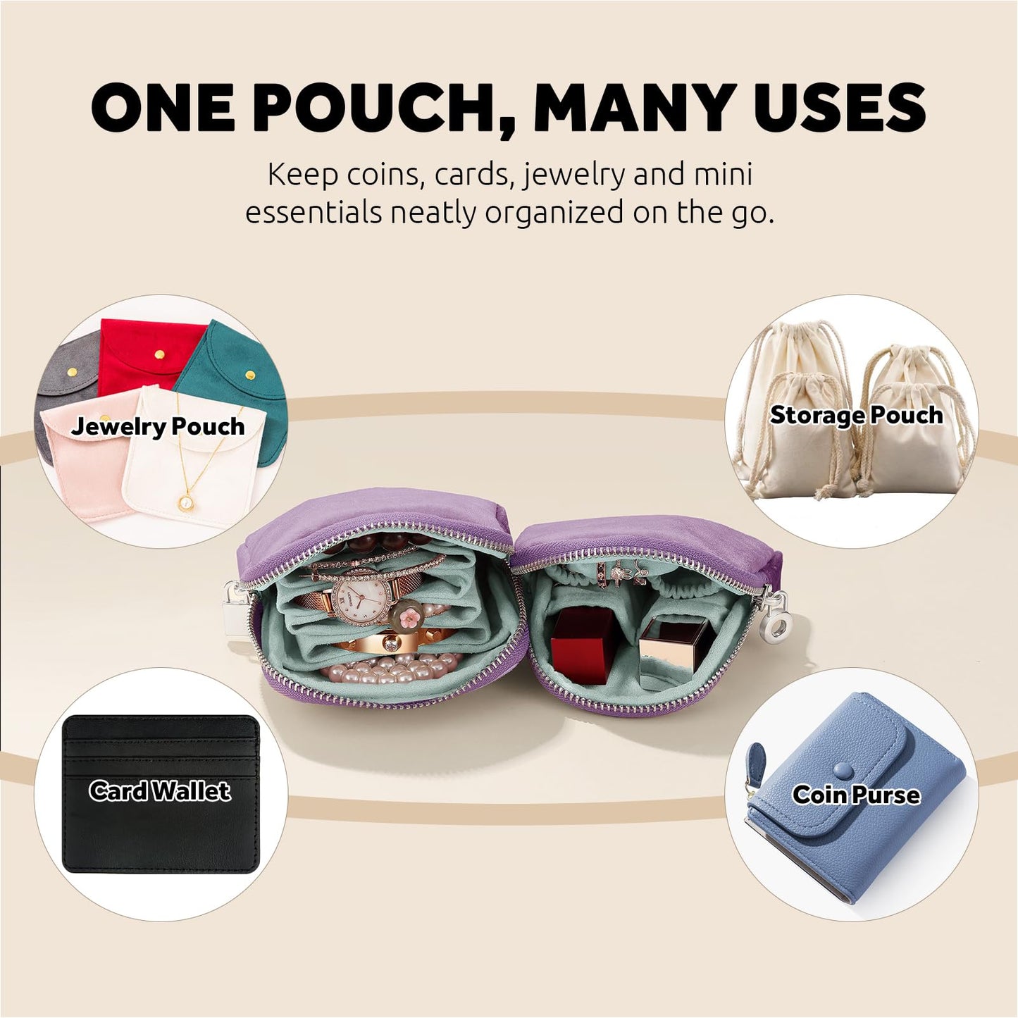 Lumayina Small Travel Jewelry Case Set 2-in-1 Detachable Velvet Pouches, Portable Jewelry Organizer Bag for Rings Earrings Bracelets, Gift Box for Women (Lavender Purple)