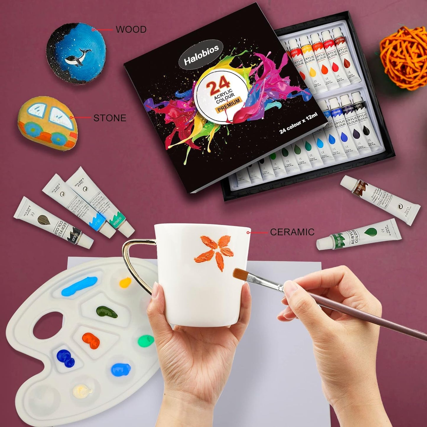 Acrylic Paint Set with 3 Paint Brushes, 24×12ml Colors Premium Paint Set with 1 Palette 1 Canvas Boards, Art Painting Kits for Adults, Paints Supplies for Canvas Rock Painting Craft Art Class