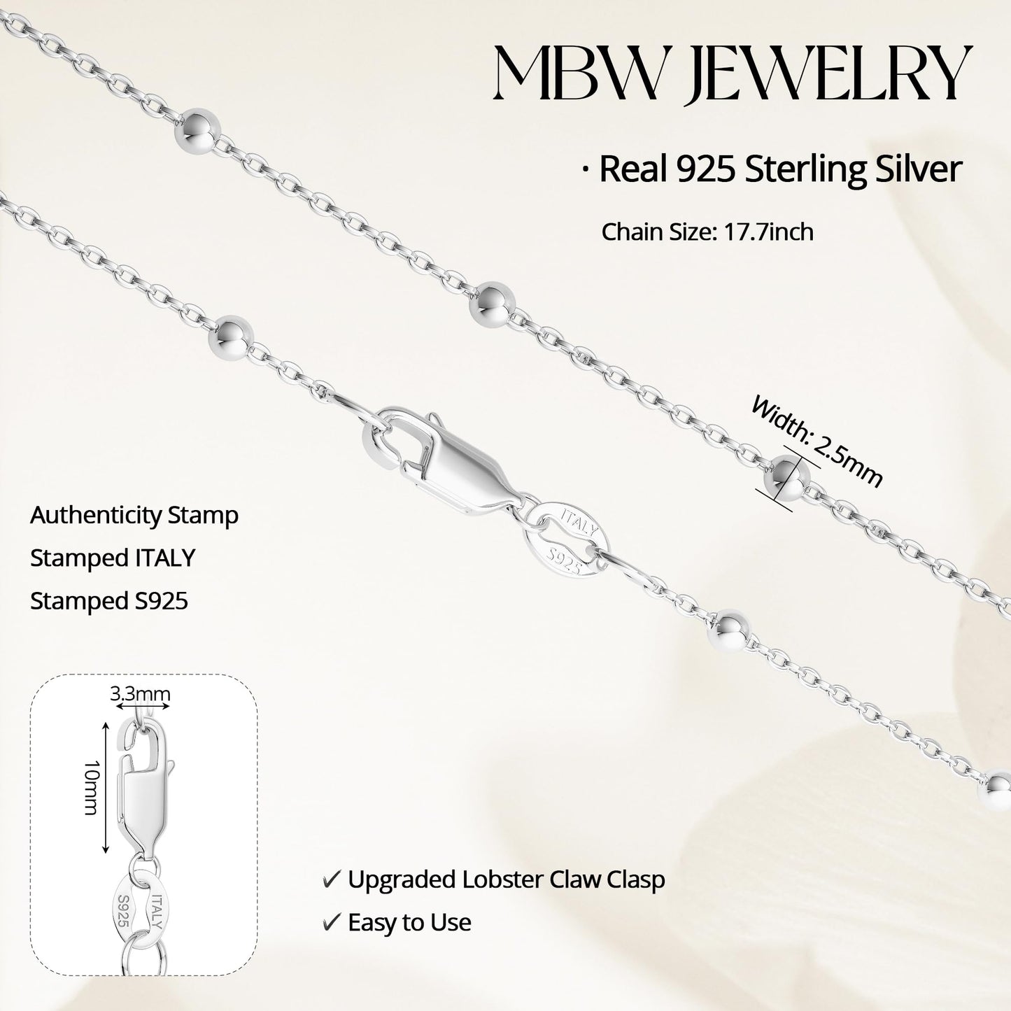 MBW 925 Sterling Silver Necklace for Women, Sterling Silver Beaded Chain Dainty Thin Choker Necklaces for Women Trendy Minimalist White Link Chains Necklace Waterproof Simple Small Cute Jewelry