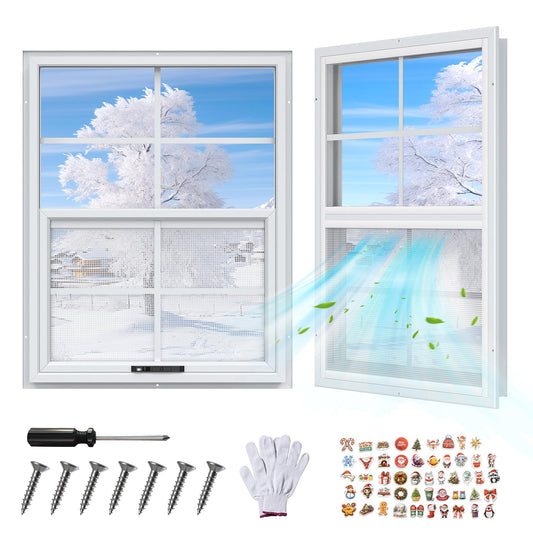 2 Pack 24 x 27 Shed Windows with White Frame, Flush Mount Small Window with PC Screen for Shed for Shed, Chicken Coop, Household, Playhouse, Garage