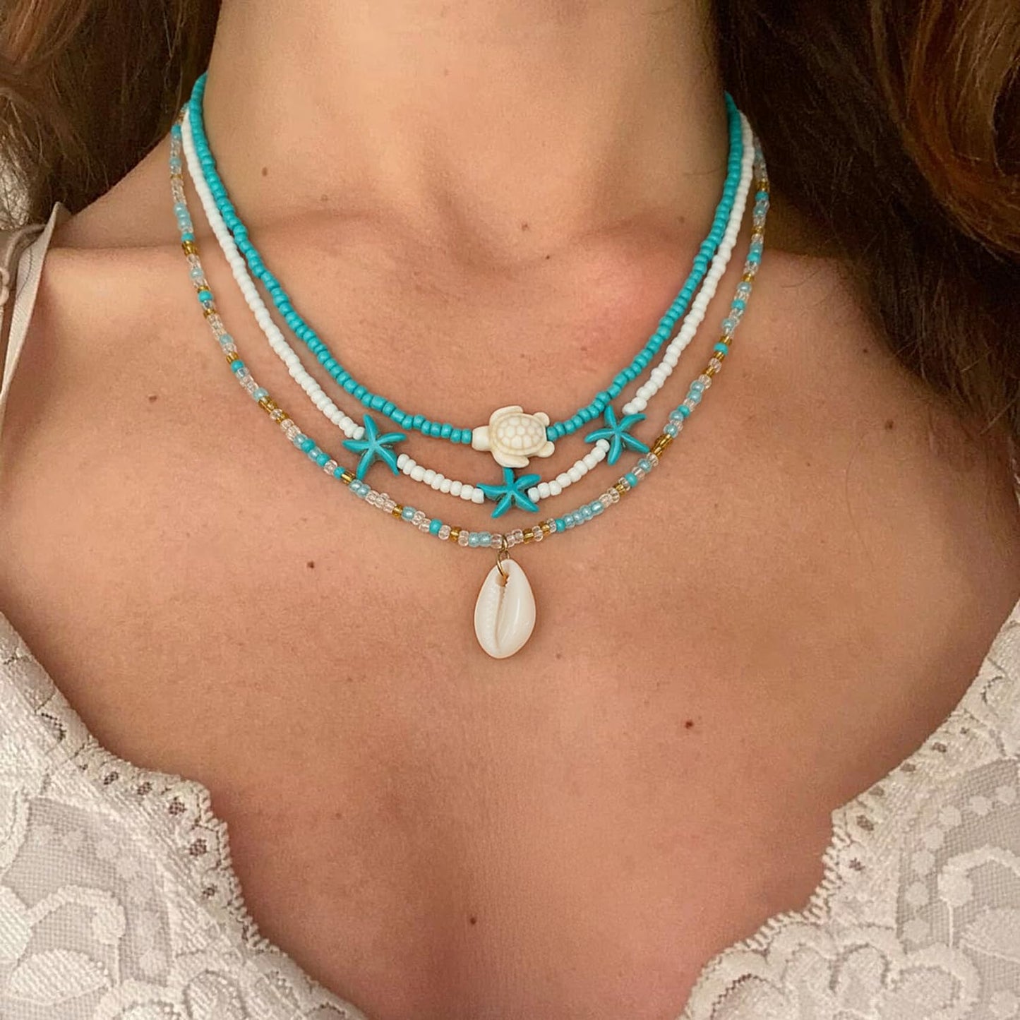 Lameybrt Cowrie Shell Surfer Necklaces, Hawaiian Beach Handmade Choker Set for Women, White Rice Bead with Black Accents, Bohemian Summer Seashell Choker 2 Piece Set, Perfect for Summer Beach Vacation, Birthday, Mother’s Day & Holiday Gifts (Shell 25 Blue
