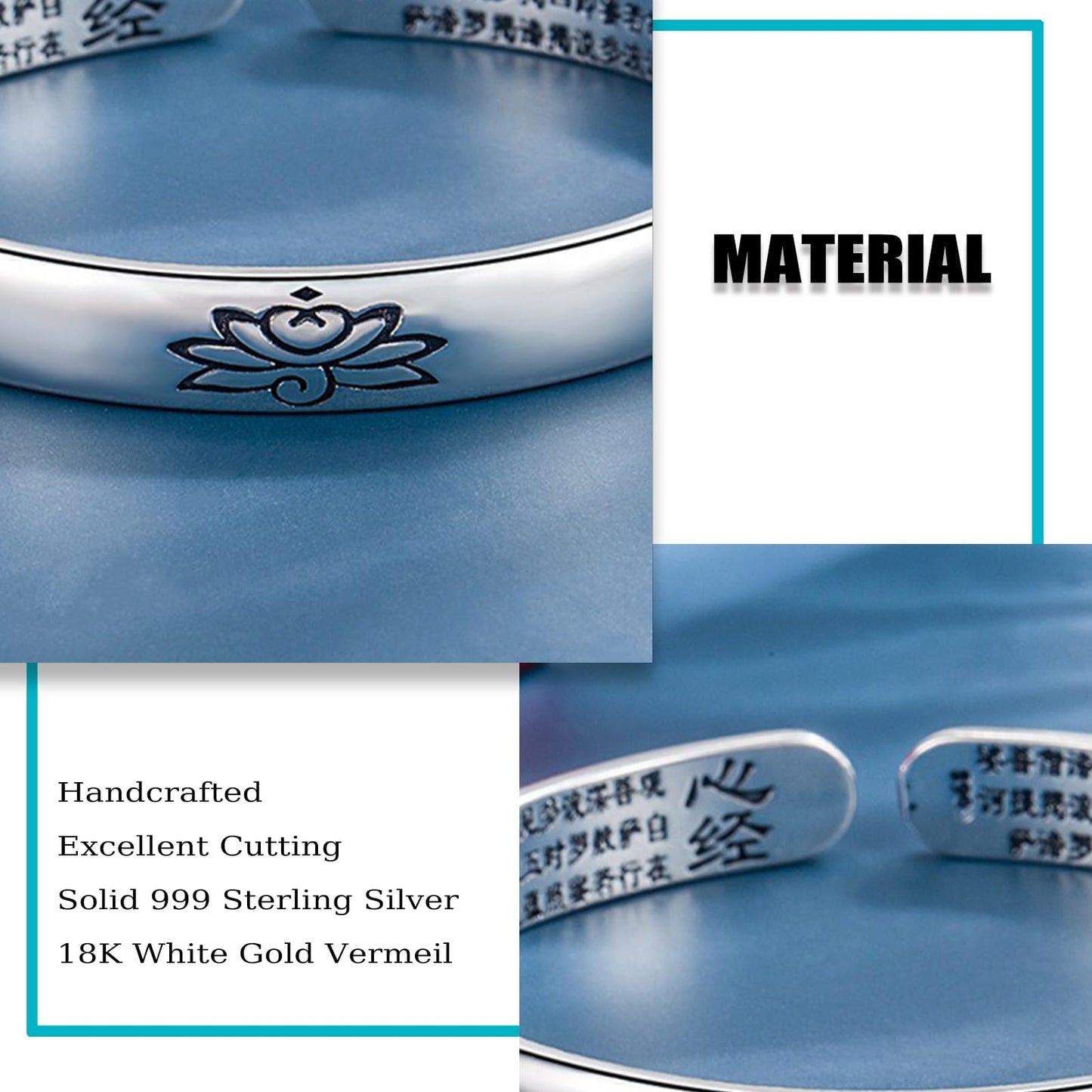 Feng Shui Lotus Heart Sutra Bracelet - Adjustable Vintage Silver Bracelet for Women Men, Tibetan Buddhist Mantra Lucky Amulet, Wealth Luck Protection Meditation Gifts (B)