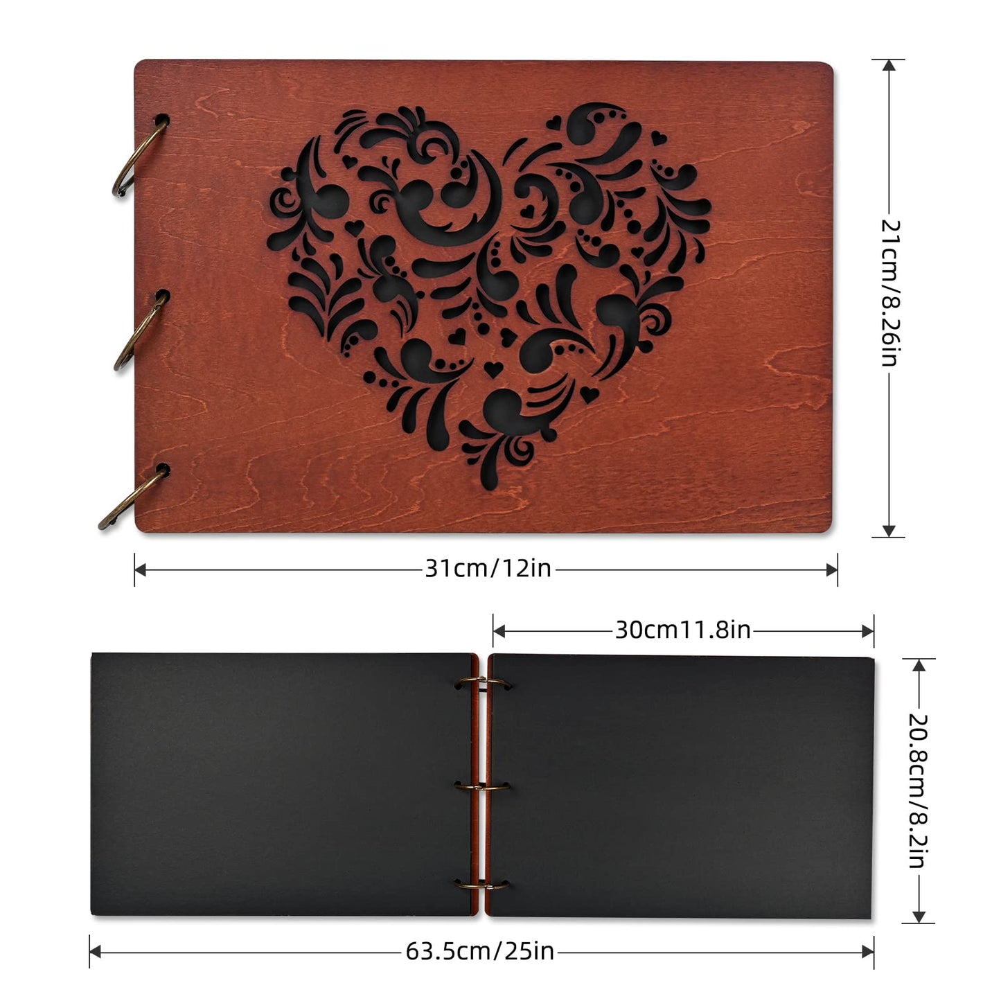Giiffu Wooden Scrapbook Photo Album with Heart Design, DIY Memory Book, 100 Pages Personalized Scrapbooking Album, Romantic Gift for Wedding, Anniversary & Valentine’s Day