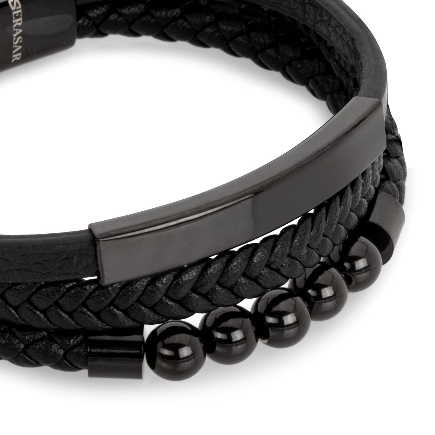 SERASAR Pulsera de Cuero Negro para Hombre, 17cm, Caja Regalo, Real, Piel Vaca, Ajustable, Cierre Magnético, Cuerda Envoltura, Masculino, Pulseras, Banda, Joyas, Imán