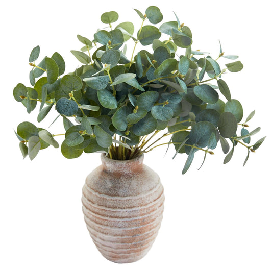 Ainuowei 4 Pcs Artificial Eucalyptus Sprigs & Ceramic Vase Set - 15.4" H Total Height, Farmhouse Boho Rustic Home Decor for Living Room Table, Coffee Desk, Shelf & Bedroom Decoration