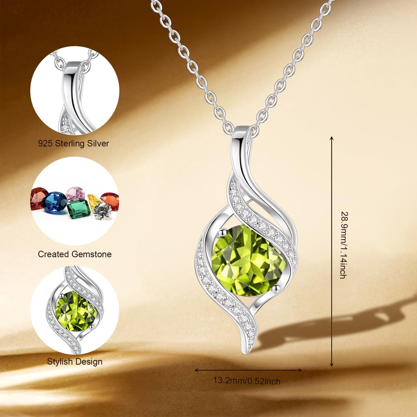 FANCIME August Birthstone Necklace for Women Round Peridot Necklace S925 Sterling Silver full Love Birthday Gifts for Mom Women, 16"+2" Inches