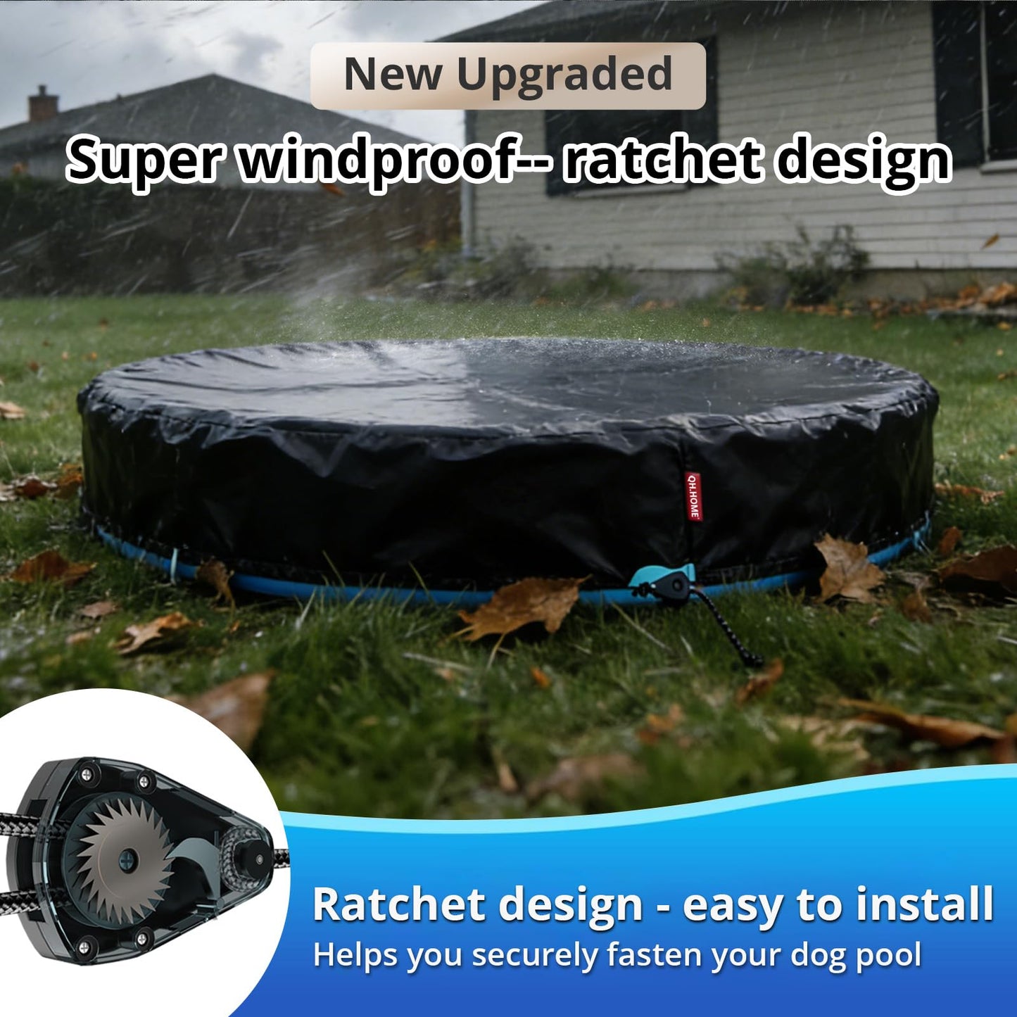 QH.HOME 63-64 inch Kiddie Pool Cover Round, Collapsible Dog Pool Cover with Super Windproof Ratchet Design, Odorless Waterproof Fabric Material and - Only Cover