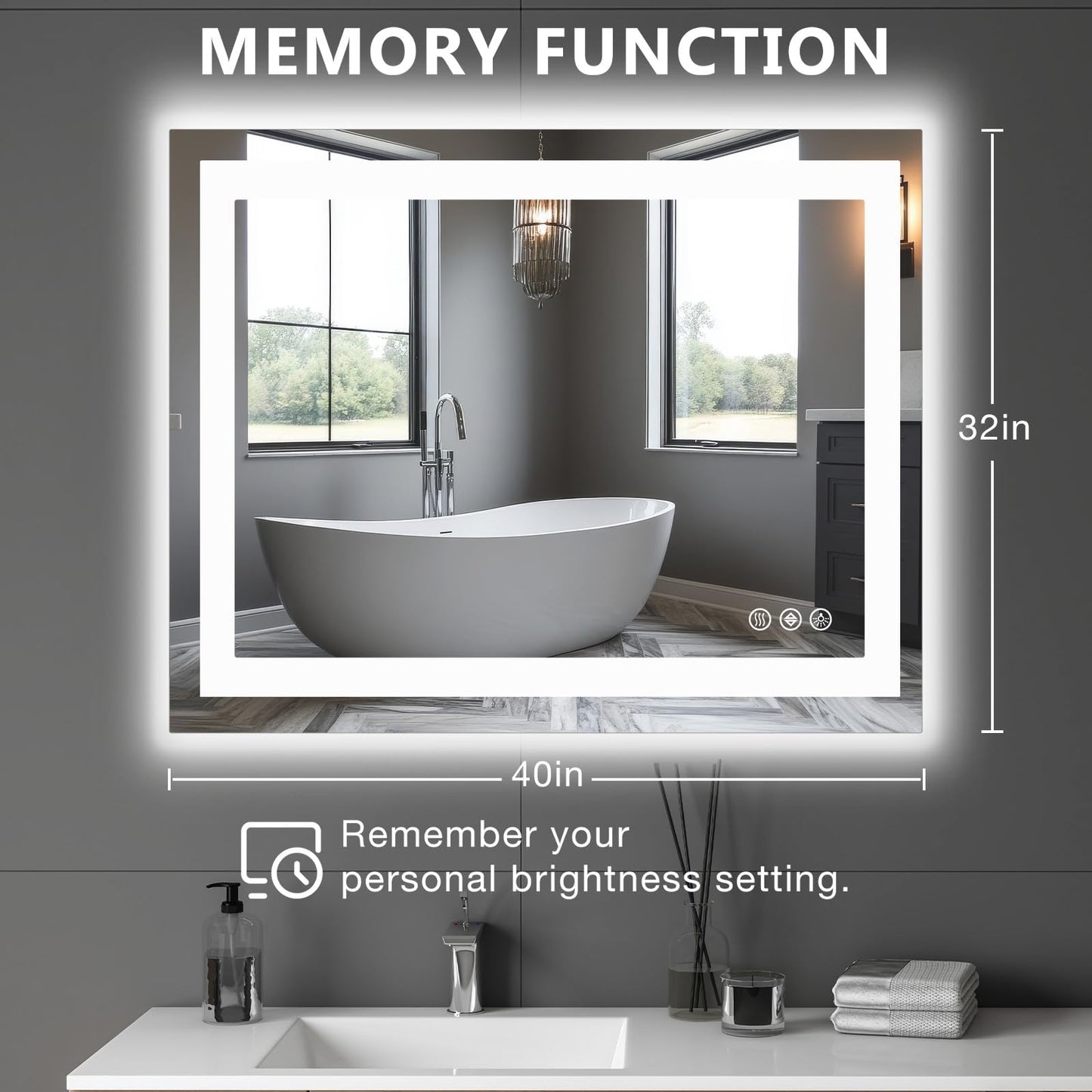 NEWBULIG Smart Anti-Fog LED Bathroom Mirror with Front Light & Backlit, 3 Color Modes, Dimmable, Memory Function, Wall-Mounted Modern Rectangular Vanity Mirror, White, 32"x40"