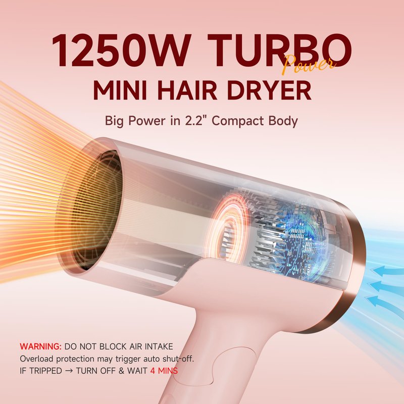 PRITECH 1250W Dual Voltage Travel Hair Dryer - Foldable Blow Dryer with Concentrator Diffuser,110V/220V Worldwide Use, Compact Lightweight Design, EU Plug Included