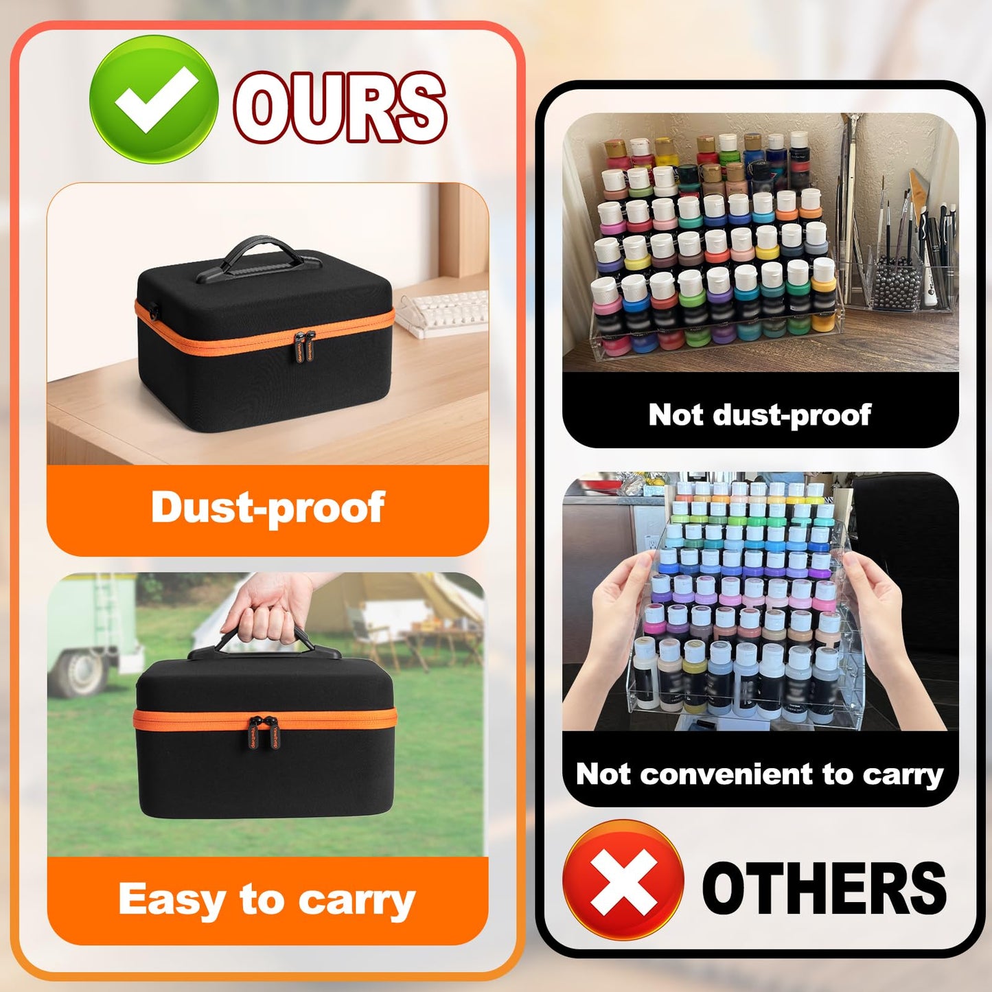 Acrylic Paint Storage Case for 42 Bottles(2 fl oz), Craft Paint Storage Paint Bottle Organizer,Art Supply Storage Hard Paint Box Organizer with Pocket for Paint Brushes,Palette Board & Painting Knives