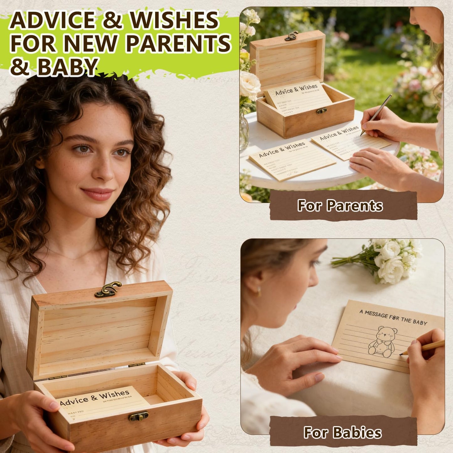 Natural Wooden Baby Shower Keepsake Box with 50 Pcs Advice & Wishes Kraft Cards - Elegant Guest Book Alternative – Rustic Time Capsule Memories Box for New Parents, Mom & Dad to Be Gifts (Set)
