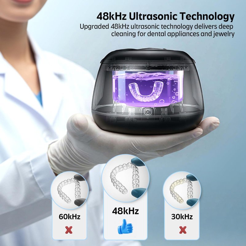 Ultrasonic Retainer Cleaner Machine 48kHz Denture and Aligner Cleaning Pod for Mouth Guards Night Guards Dental Trays Braces Toothbrushes Jewelry with 200ML Capacity (Black)