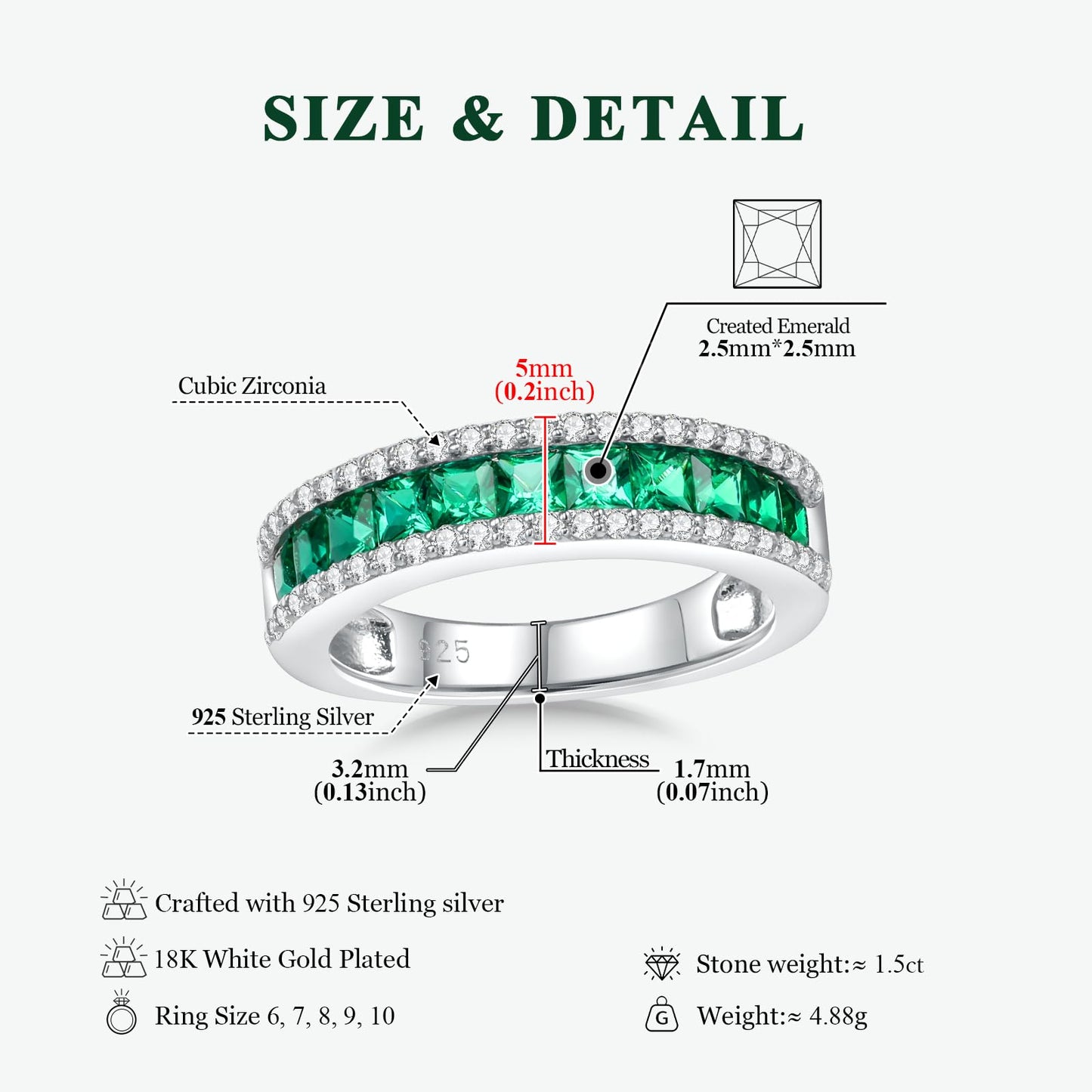 RANDES Emerald Rings for Men Women 5mm Half Eternity Bands Sterling Silver Thick Channel Set Anniversary Band May Birthstone Ring Size 10.5