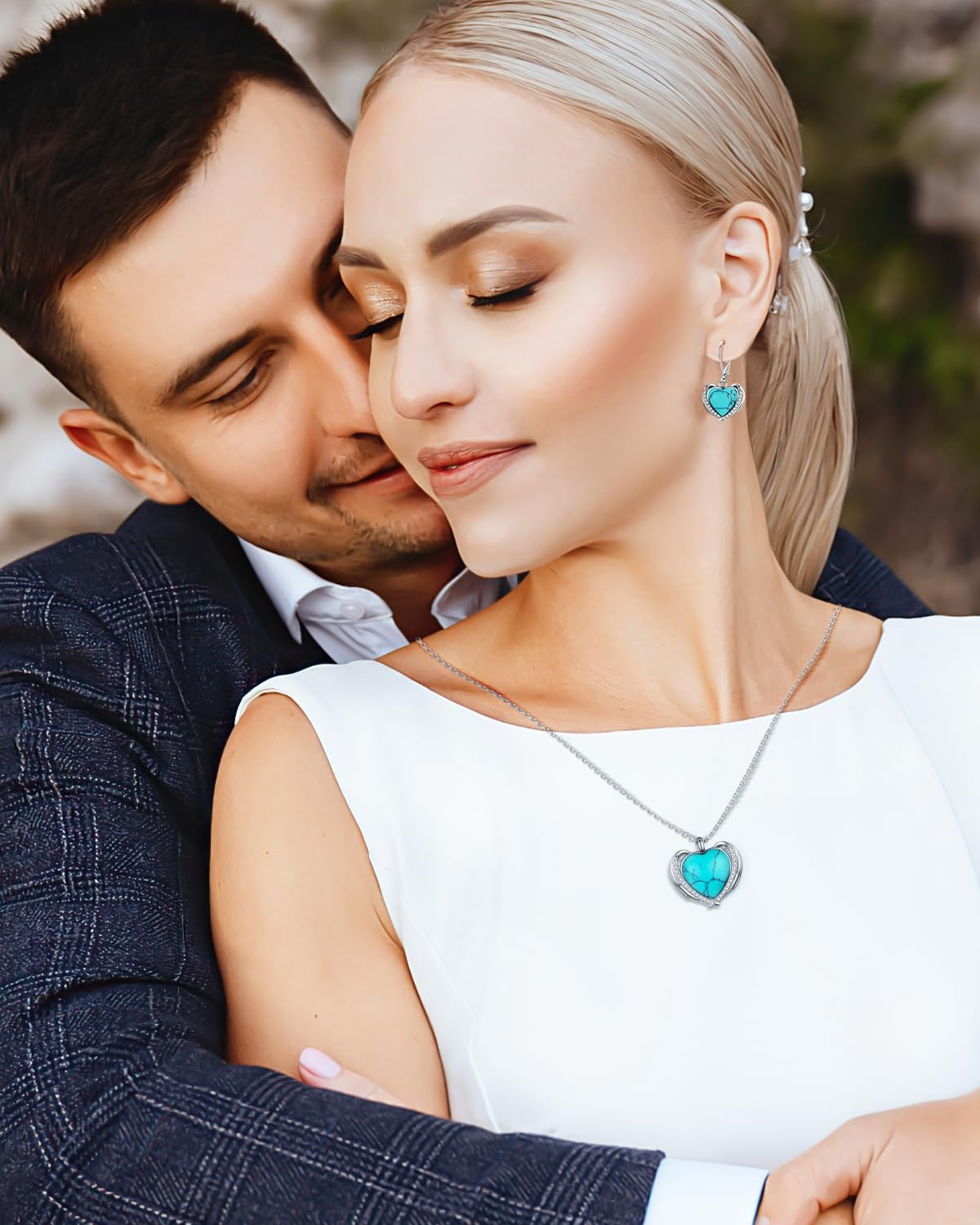 BDL Turquoise Necklace - Sterling Silver Angel Wing Heart Shape Natural Turquoise with 5A Cubic Zirconia Pendant Necklace for Women, Western Jewelry, Gifts for Women Wife Moms Grandma…