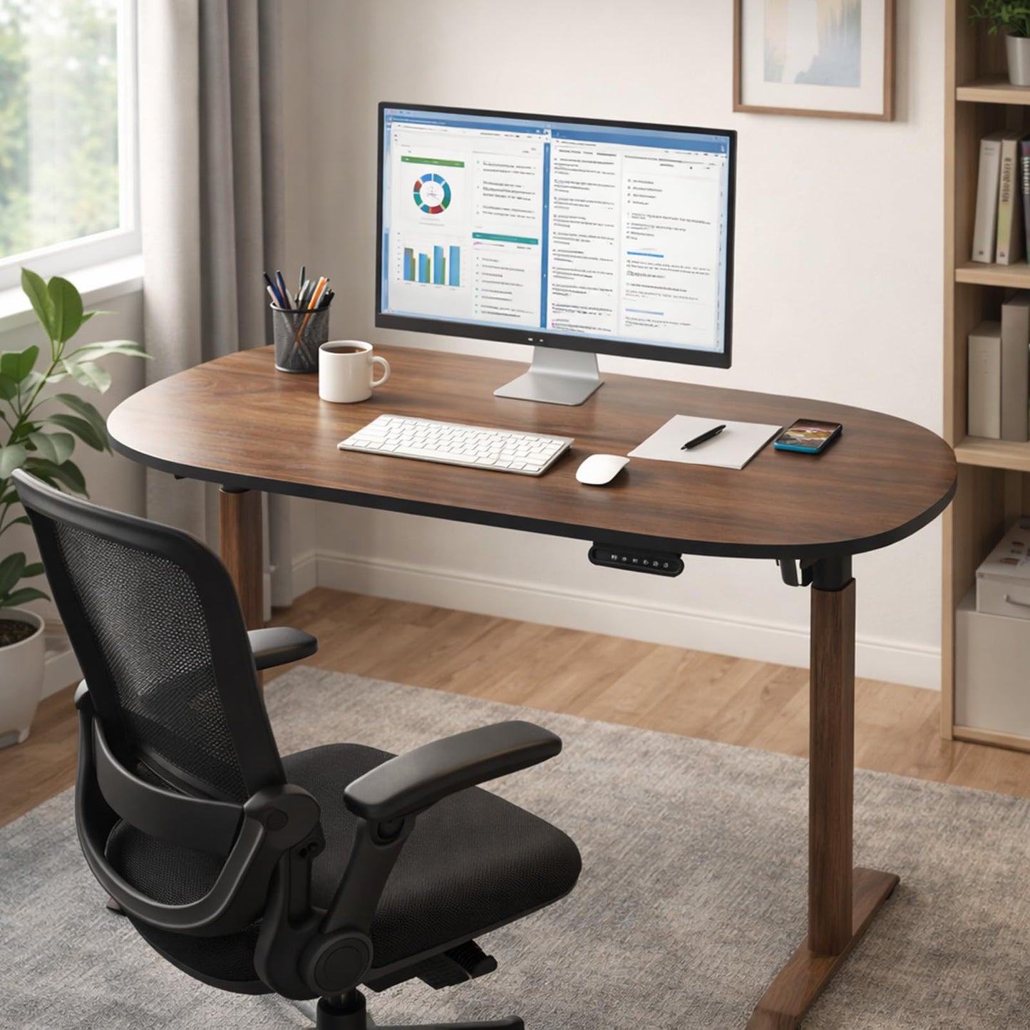 ERGO COLLECT Oval Leg Electric Standing Desk, 48x24 Inch Whole-Piece Oval Desktop, Height Adjustable Sit Stand Workstation for Home Office, Walnut (48x24)
