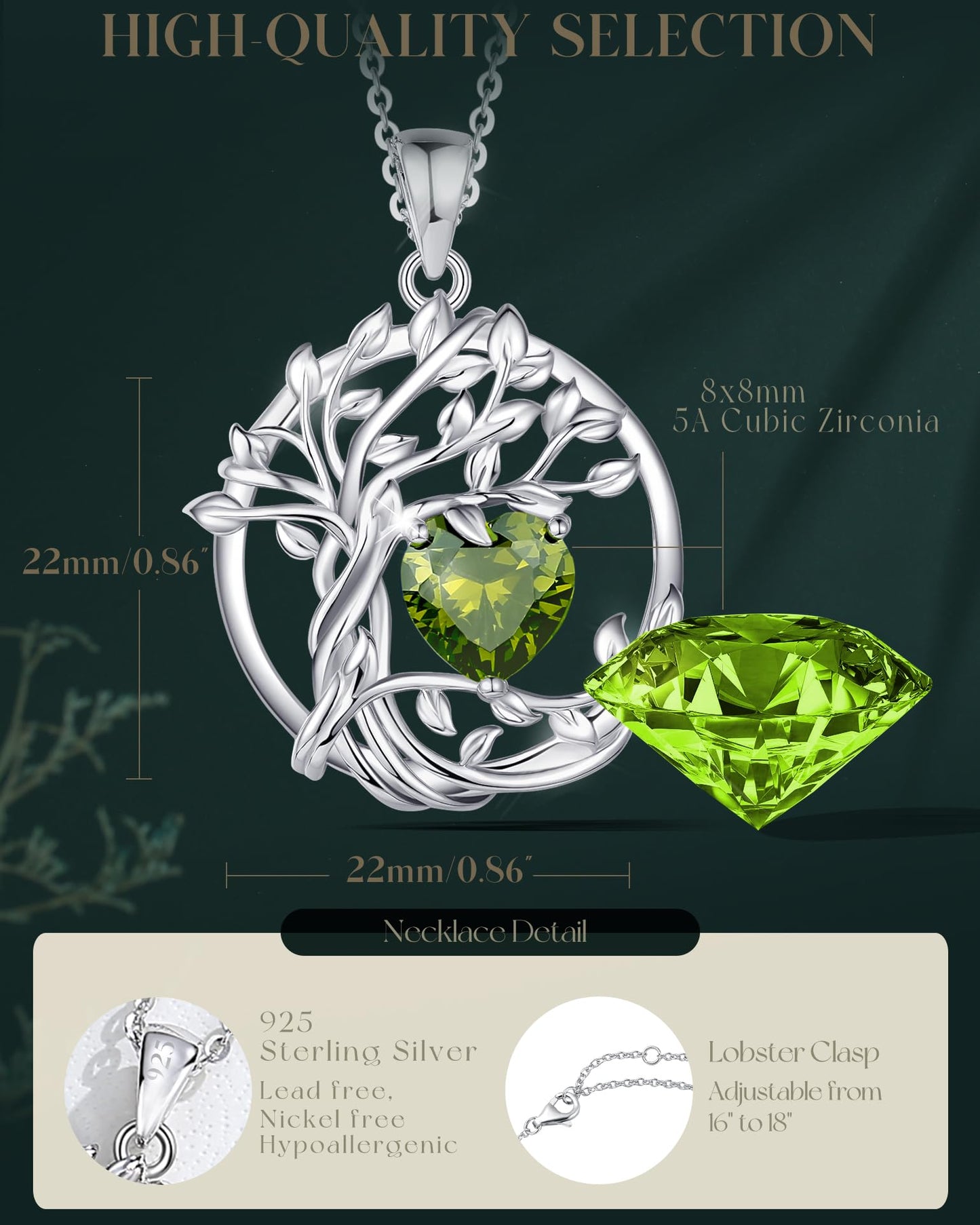 FANCIME Tree of life August Birthstone necklace for women Sterling Silver Tree Jewelry Genuine Peridot Pendant Green Gemstone Anniversary Birthday Christmas Gifts for Wife Mom Her