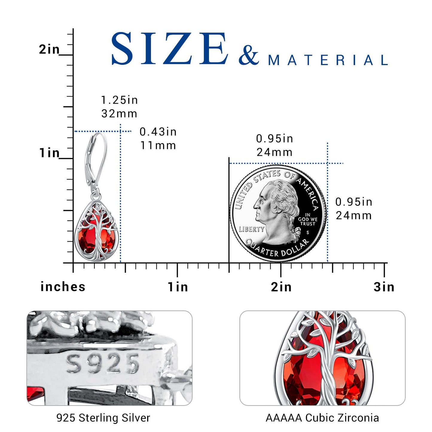Eusense Tree of Life Earrings 925 Sterling Silver Garnet Birthstone Earrings Teardrop Dangle Leverback Earring for Women January Birthstone Jewelry