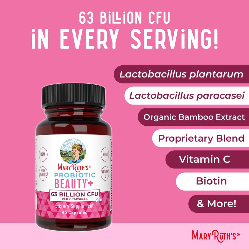 MARYRUTH'S Probiotic Beauty Capsules + Red Orange Complex & Ceramosides | Vegan Collagen Support | Anti Aging | Gut Health | Hair Skin and Nails Vitamins | Skin Care | Biotin | Non-GMO | 60 Count