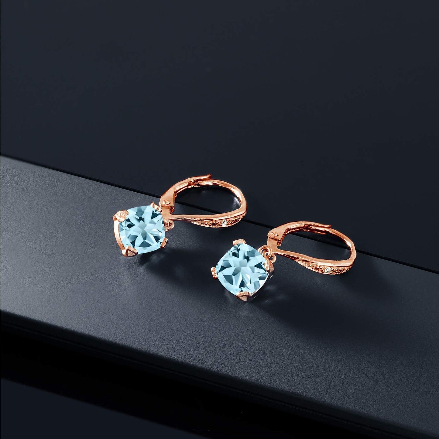 Gem Stone King Drop Dangle Earrings For Women | 7MM Cushion Cut Gemstone Birthstone and Diamond | 925 Sterling Silver | Jewelry Gift for Mom Wife Her | Sky Blue Topaz-November | Rose Gold