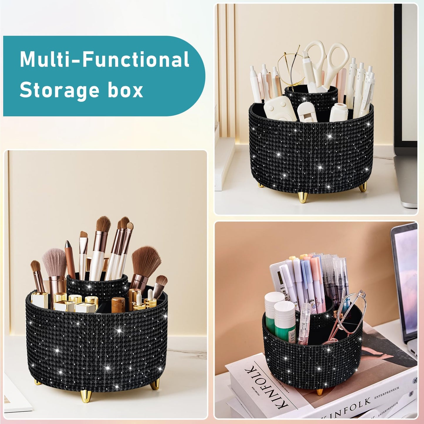 Diesisa Bling Diamond 360° Makeup Brush Holder Organizer, Rotating Makeup Brush Organizer,5 Slot Make up Brushes Cup for Cosmetics, Vanity Desktop Organizer, Gift for Women Teen Girls- Diamond Black