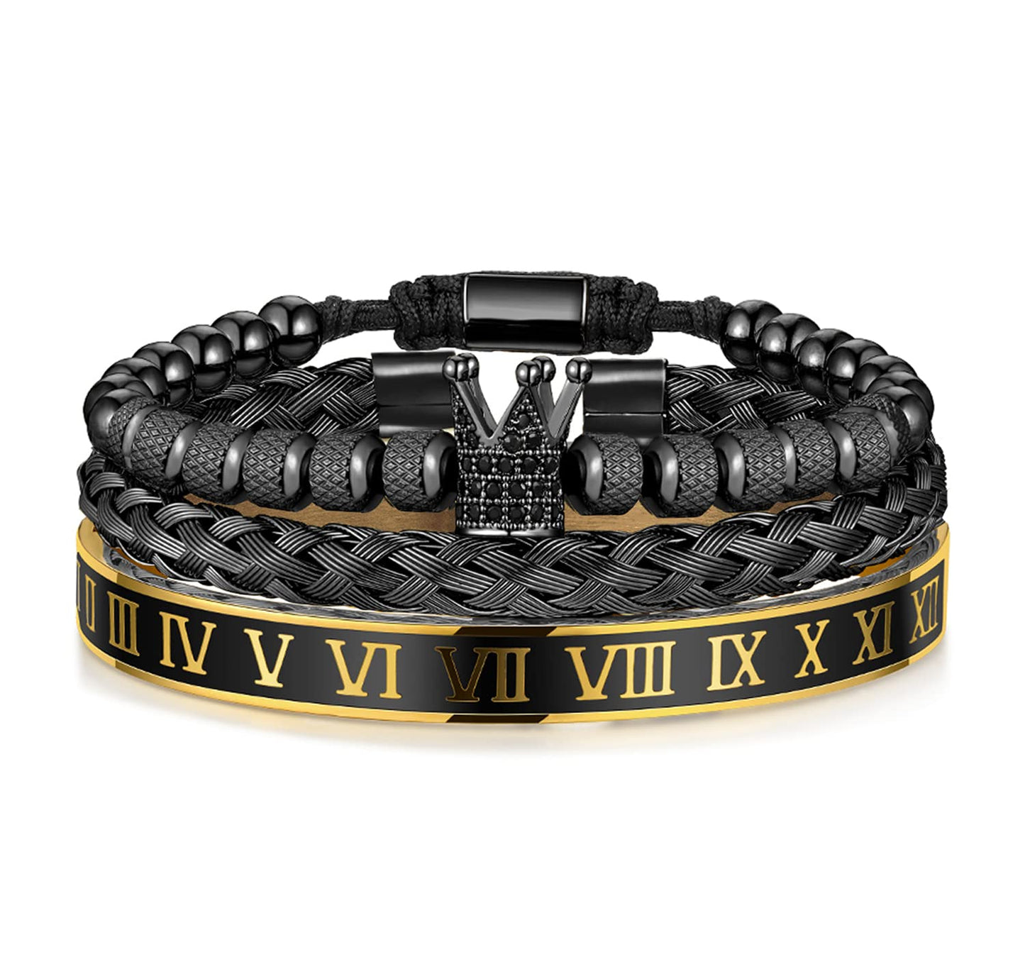 WFYOU 3PCS Stainless Steel Bracelets for Men Gold Roman Numeral Bangle Bracelet Twisted Cable Bracelet Adjustable Cuff Bracelet Mens Luxury Jewelry Bracelets Gifts(I:Black)