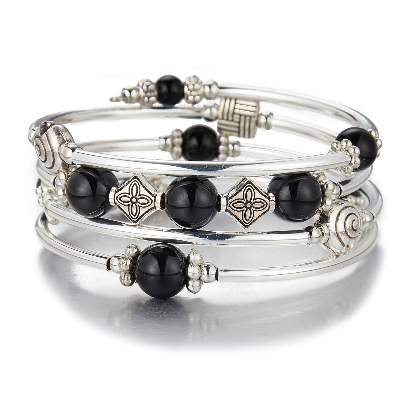 Beaded Pearl Bangle Wrap Bracelet - Fashion Bohemian Jewelry Multilayer Charm Bracelet with Thick Silver Metal Beads, Gift For Women(Black)