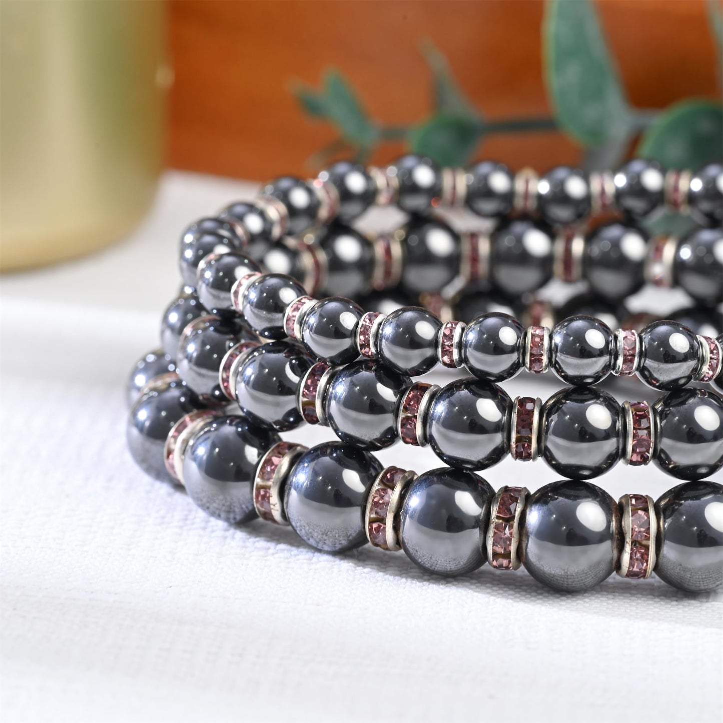 Apocalyptic-K Women's Magnetic Bracelet，Hematite Bracelets，Magnetic Bracelets With Zirconia,Handmade Stretch Bracelet，Eliminates static electricity. (Violet Zirconia,6MM)