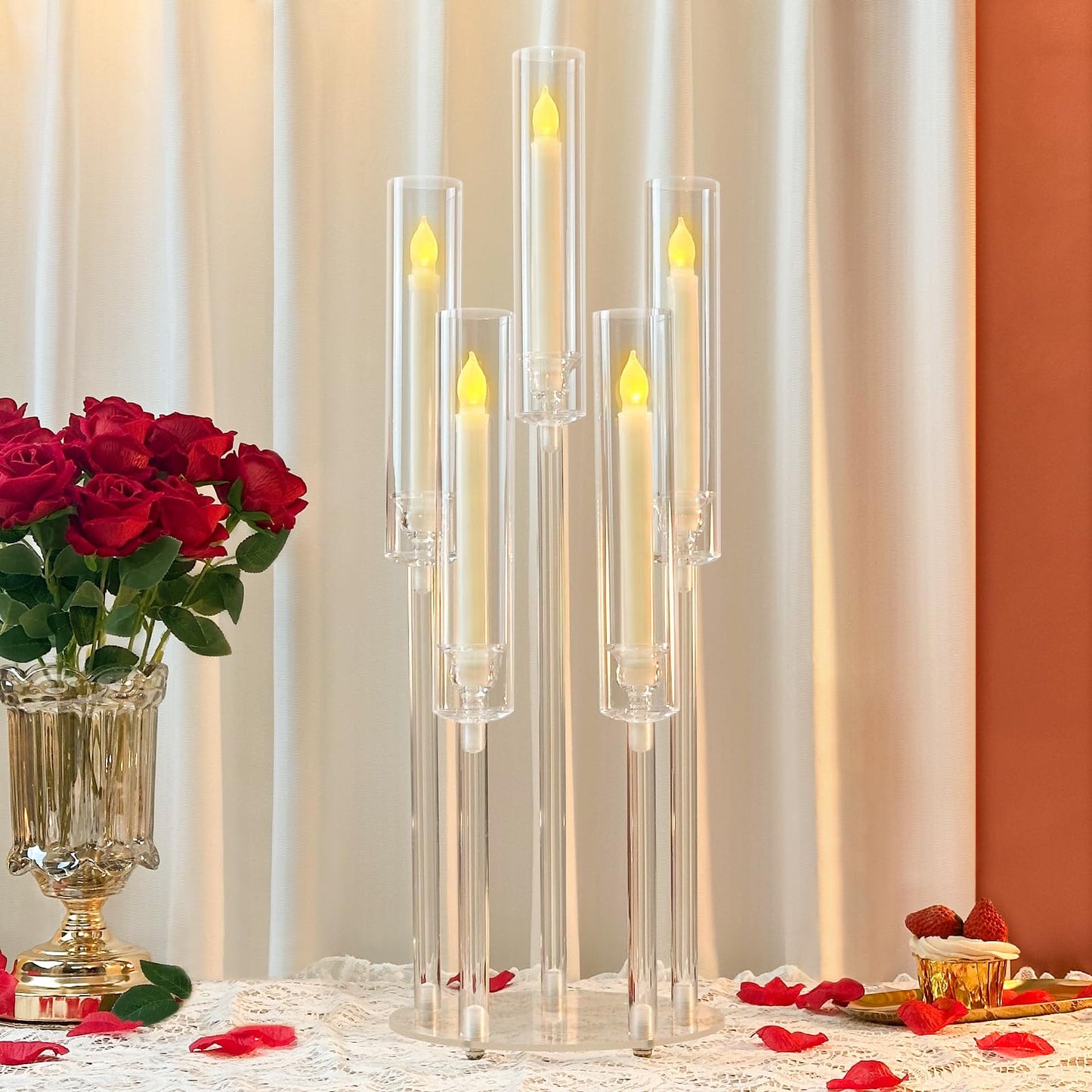 DIWNELEM 4Pcs Acrylic Candelabra Centerpieces for Wedding 5 Arm Clear Candle Candlesticks Holders 25.5" Tall Crystal Taper Candlestick with Shade Fit 0.87'' Led Candle for Christmas Party Home Decor"