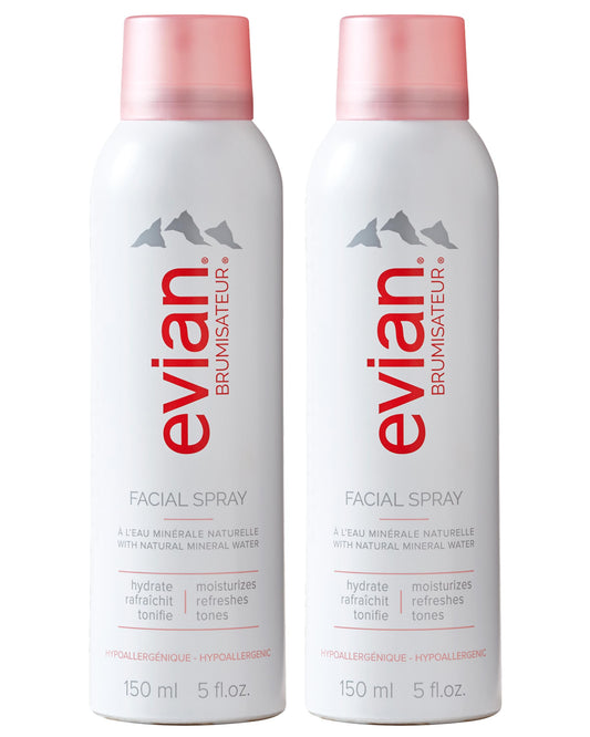 Evian Facial Spray 5 oz Duo Hydrating Mineral Water Mist for Face & Skin Refreshes Makeup, Sets, & Tones Facial Spray Twin Pack for Daily Skincare and Lightweight Facial Moisturizer Mist