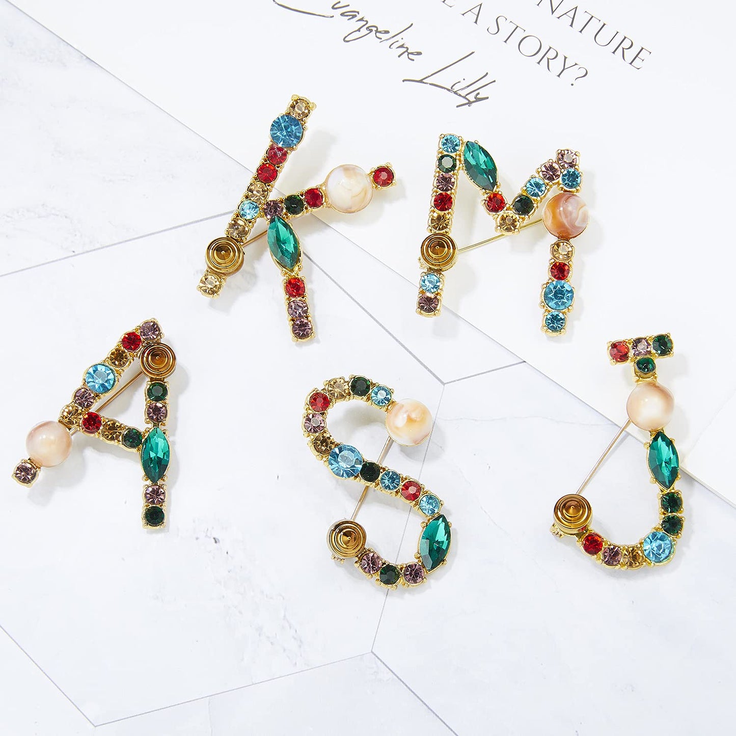 RINHOO Crystal Pearl Initial Brooch Gold Plated Enamel Colorful Letter Alphabet Breastpin Pin Jewelry for GIFTS (Gold B)