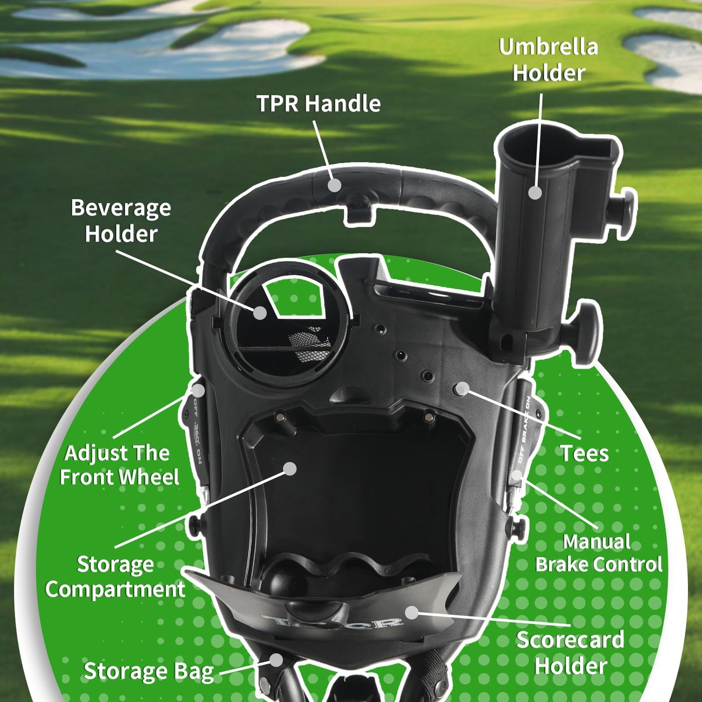 Golf Push Cart with 360° Front Wheels & Handbrake,Tivor 3 Wheel Pull Cart Offers One-Click Folding and All-Terrain Mobility