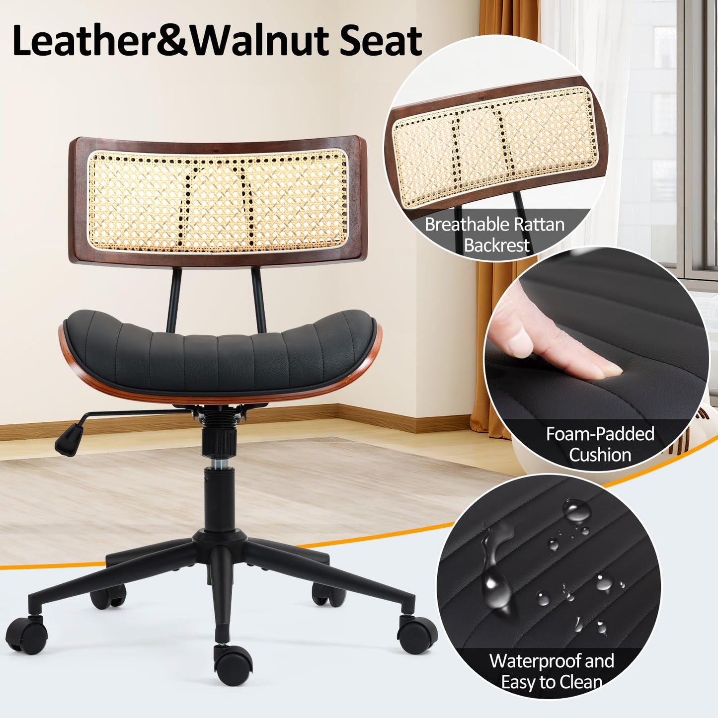 Newnno Home Office Chair with Wheels, Adjustable Height Desk Chair with Rattan Backrest, Leather Swivel Computer Chair, Armless Modern Walnut Chair for Office, Meeting Room, Black