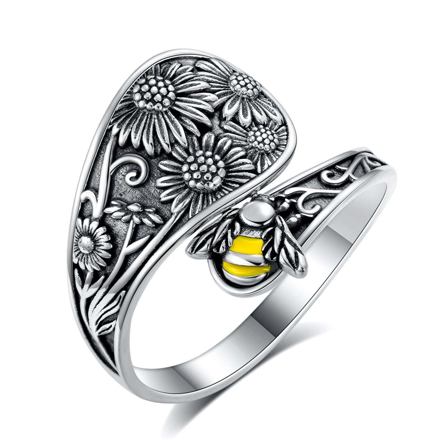 Midari Sunflower Bee Spoon Ring Sterling Silver Sunflower Ring Bee Ring for Women Adjustable Ring Flower Animal Jewelry Birthday Christmas Gifts for Women Daughter Wife(Customization)
