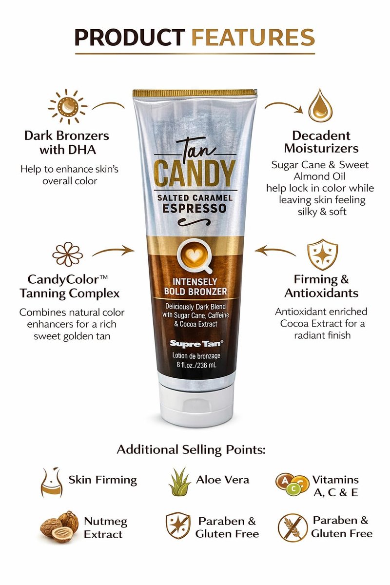 Supre Tan Candy Salted Caramel Espresso Intensely Bold Bronzer Dark Blend 8.5oz