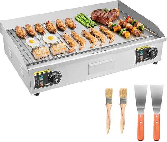 VEVOR Commercial Electric Griddle, 28.54 x 15.75 in, 2800W, 122-570°F Adjustable Temp Control, Stainless Steel, Half Grooved Half Flat, with 2 Spatulas, 2 Brushes, and 4 Foot Pads, for Steak(NO PLUG)