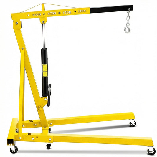 2-Ton Folding Hydraulic Engine Hoist, 4400 LBS Portable Engine Shop Crane with 6 Casters & Telescopic Boom, Foldable Cherry Picker Hoist Lift for Garage, Workshop, Warehouse, Heavy-Duty, Yellow